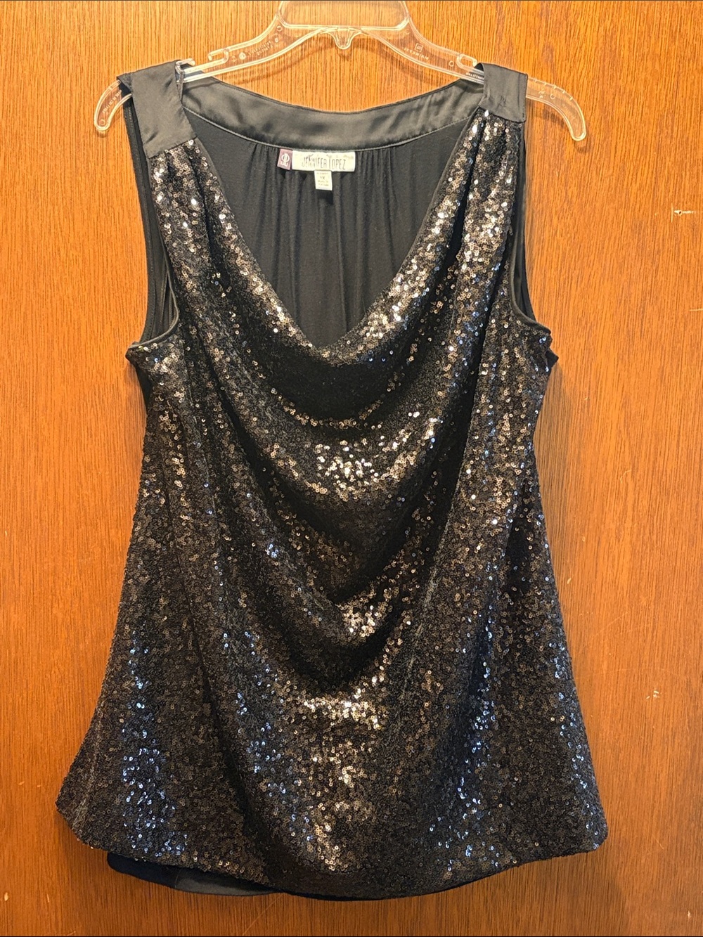 Jennifer Lopez Black Sequin Cowl Neck Sleeveless Tank formal wear